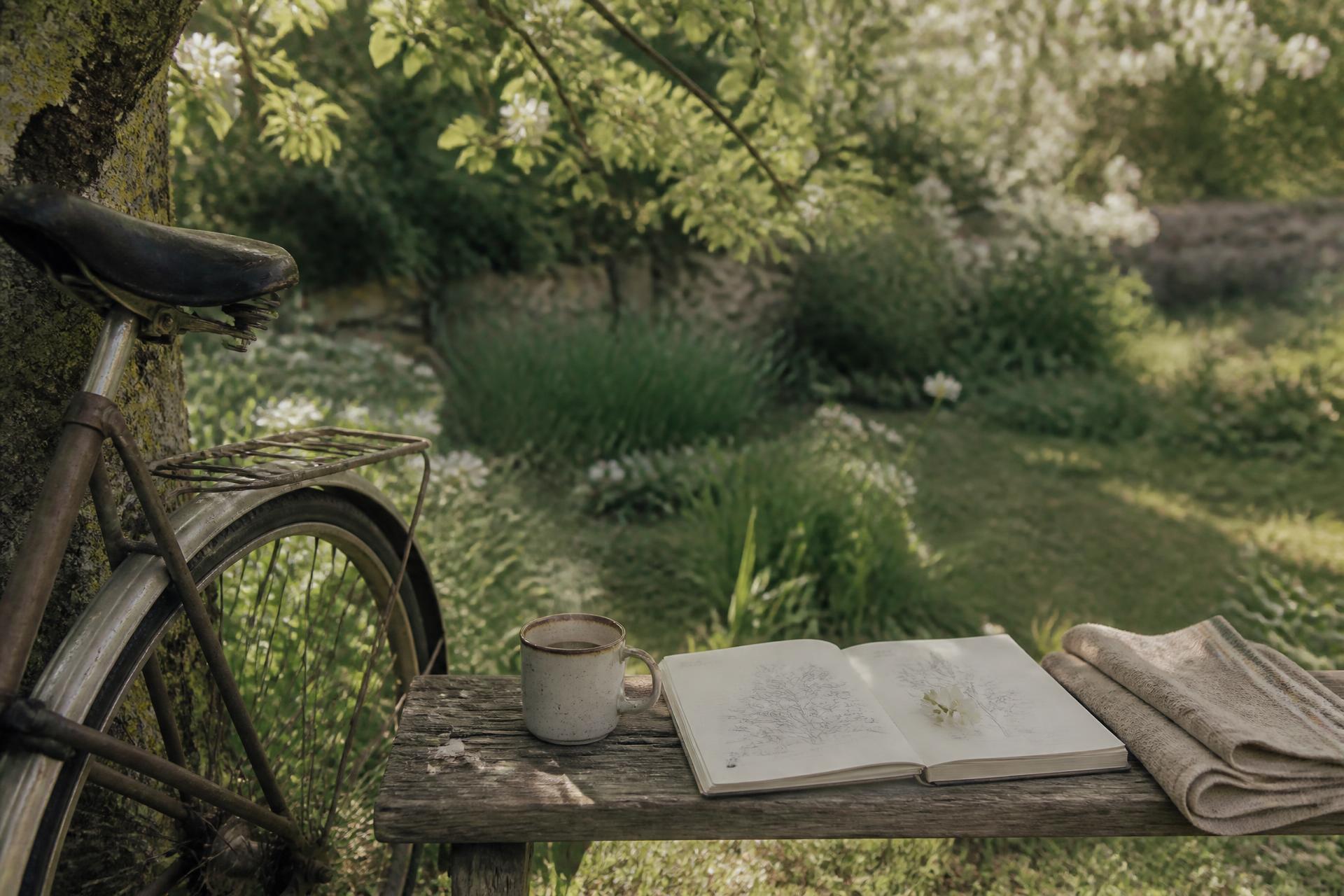 A bicycle resting against a tree beside a weathered bench with an open sketchbook, a mug of tea and folded linen in a sunlit English garden